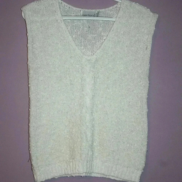 Garland Sweaters - Vintage Garland White Sleeveless Sweater Small, Cable Knit Vest, Shirt